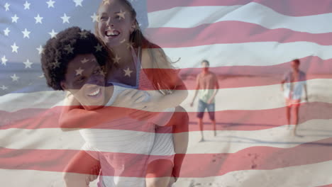 Animation-of-flag-of-usa-over-diverse-friends-walking-on-beach