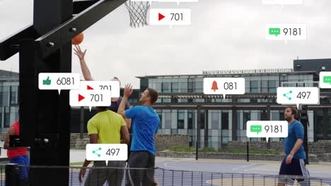 Animation-of-social-media-notifications-over-diverse-male-basketball-players-on-outdoor-court