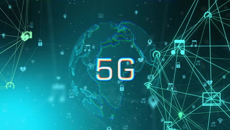 Animation-Eines-Globus-Mit-5G-über-Einem-Netzwerk-Von-Verbindungen-Mit-Symbolen-Auf-Schwarzem-Hintergrund