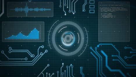 Animation-of-network-of-connections,-data-processing-and-scope-scanning-over-black-background