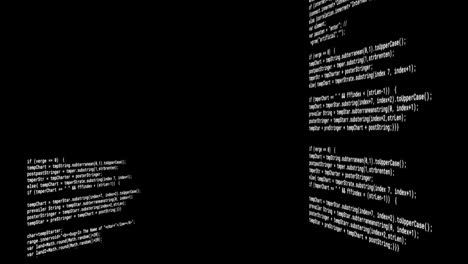 Animation-of-text-data-scrolling-and-glitching,-processing-on-black-background