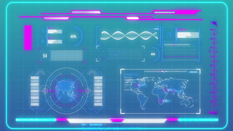 Animation-Von-Globus,-Weltkarte-Und-Diagrammen-Zur-Datenverarbeitung-Auf-Einer-Schnittstelle-Mit-Blauem-Hintergrund