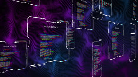 Animation-Eines-Violetten-Und-Blauen-Netzwerks-über-Schnittstellen-Zur-Datenverarbeitung-Auf-Schwarzem-Hintergrund