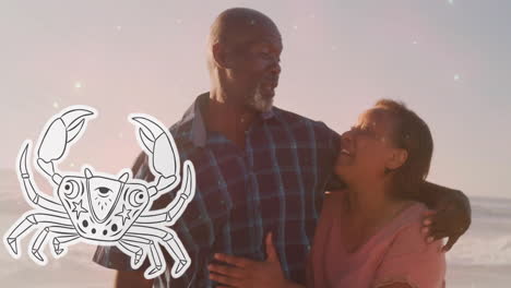 Animation-of-horoscope-symbol-over-happy-senior-biracial-couple-dancing-at-beach