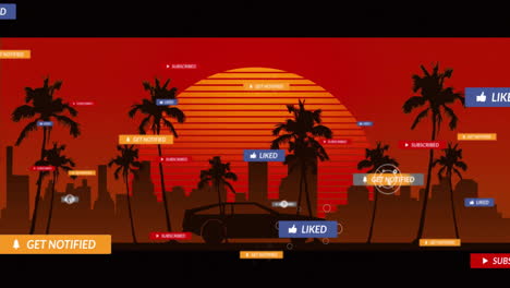 Animation-of-social-media-data-processing-over-sun-and-palm-trees-on-red-background