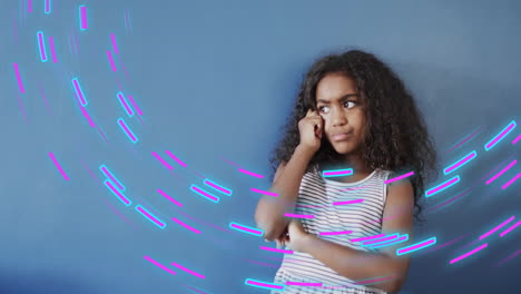 Animation-of-purple-shapes-moving-over-biracial-girl-thinking