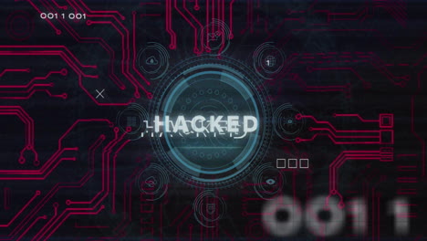 Animation-of-hacked-text-and-digital-data-processing-over-black-background