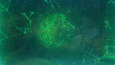 Animation-Von-Grünen-Formen-Und-Einem-Sich-Drehenden-Globus-Auf-Schwarzem-Hintergrund