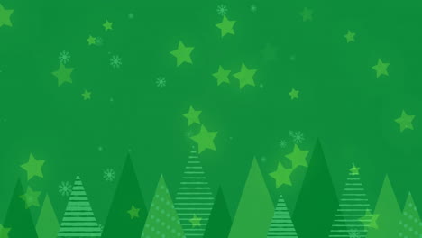 Animation-Von-Sternen-Und-Schnee,-Der-über-Tannen-Auf-Grünem-Hintergrund-Fällt