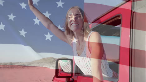 Animation-of-flag-of-usa-over-caucasian-woman-in-car-on-beach