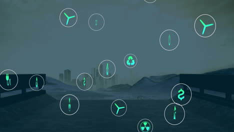 Animation-of-network-of-digital-eco-icons-over-cityscape