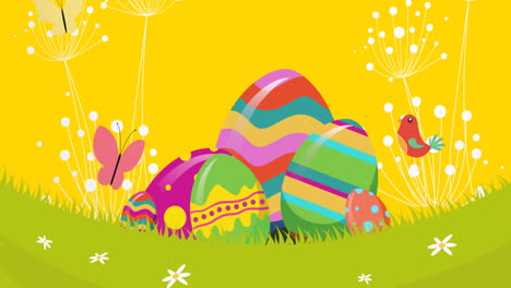 Animation-of-easter-eggs-on-grass-over-green-and-yellow-background