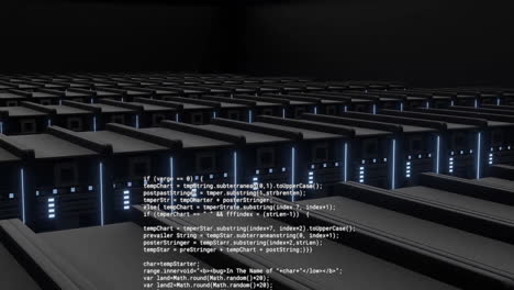 Animation-of-text-data-processing-over-banks-of-flashing-computer-servers-in-dark-server-room