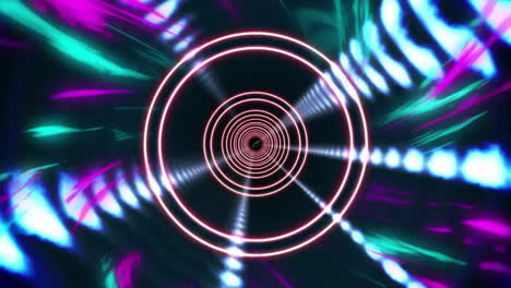 Animation-of-glowing-trails-of-light-and-neon-tunnel-moving-on-black-background