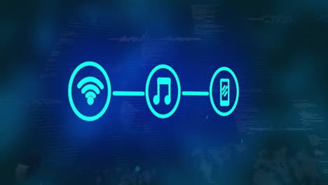 Animation-of-network-of-connections-with-icons-over-data-processing-on-black-background