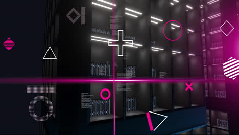 Animation-of-rotating-shapes-and-pink-scanner-beams-processing-over-dark-computer-server-room