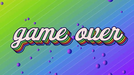 Animation-of-game-over-text-over-purple-spheres-over-changing-colourful-diagonal-lines