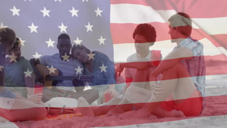Animation-Der-Flagge-Der-USA-über-Fröhlichen,-Unterschiedlichen-Freunden-Bei-Einer-Strandparty-Im-Sommer