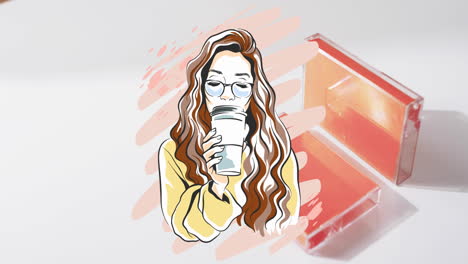 Animation-Einer-Frau,-Die-Kaffee-Trinkt,-Symbol-über-Orangefarbenen-Kästen-Auf-Weißem-Hintergrund