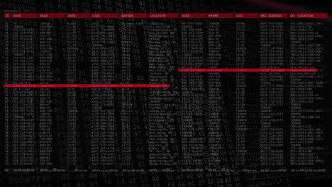 Animation-of-red-lines-and-white-cursors-over-data-processing-on-black-background