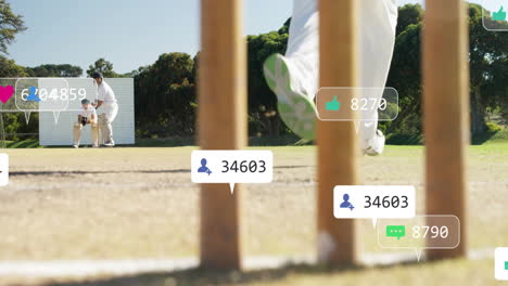 Animation-of-social-media-notifications-over-diverse-male-cricketers-playing-game