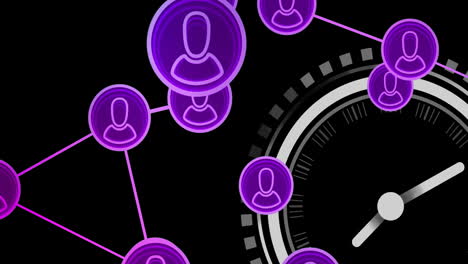 Animation-of-purple-network-of-people-icons-over-scanner-with-clock-hands-on-black-background