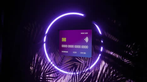 Animation-of-credit-card-with-data-over-neon-circle-on-black-background