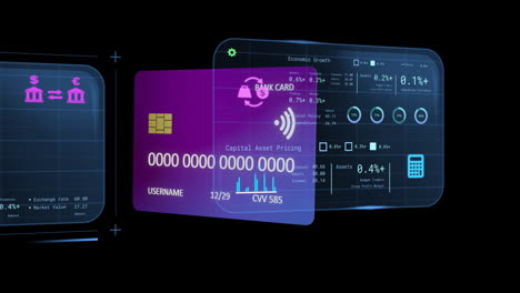 Animation-of-credit-card-and-screens-with-banking-data-over-black-background