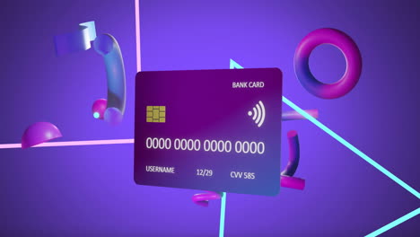Animation-of-credit-card-with-data-over-purple-background