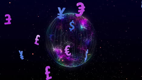 Animation-of-globe-of-connections-with-currency-symbols-over-spots-on-black-background