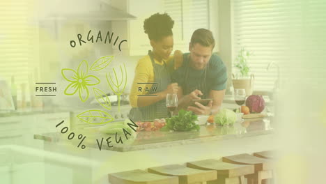Animation-of-organic-vegan-text-over-diverse-couple-preparing-healthy-meal-in-kitchen