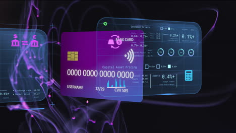 Animation-of-financial-data-processing-and-credit-card-over-light-trails-on-black-background