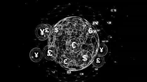 Animation-of-globe-of-connections-with-currency-symbols-and-data-processing-on-black-background