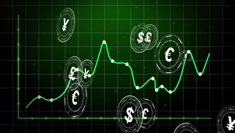 Animation-Von-Währungssymbolen-über-Der-Verarbeitung-Finanzieller-Daten-Auf-Schwarzem-Hintergrund