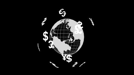 Animación-De-Iconos-De-Moneda-Y-Globo-Terráqueo-Con-Procesamiento-De-Datos-Sobre-Fondo-Negro