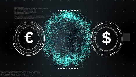 Animación-De-Símbolos-De-Moneda-Con-Procesamiento-De-Datos-Sobre-El-Globo-Sobre-Fondo-Negro