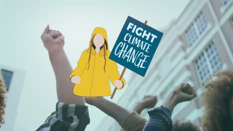 Animation-Eines-Kaukasischen-Mädchens-Mit-Einem-Plakat-Zum-Kampf-Gegen-Den-Klimawandel-Und-Einer-Vielfältigen-Gruppe,-Die-Die-Fäuste-Erhebt