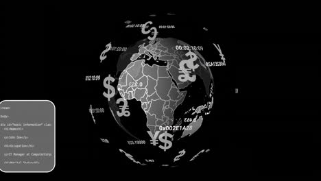 Animation-of-globe-with-currency-symbols-and-data-processing-on-black-background