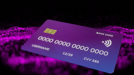 Animation-of-credit-card-over-purple-spots-on-black-background