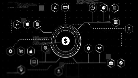 Animación-De-Iconos-De-Moneda-Y-Negocios-Con-Procesamiento-De-Datos-Sobre-Fondo-Negro