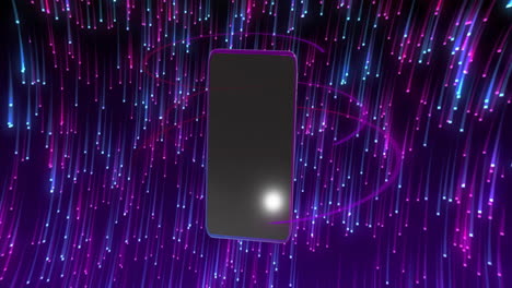 Animation-of-smartphone-with-blank-screen-over-glowing-lights-background