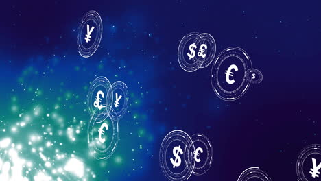 Animación-De-Símbolos-De-Moneda-Sobre-Puntos-Claros-Sobre-Fondo-Azul