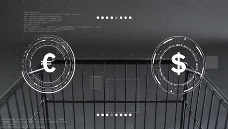 Animation-of-currency-symbols-with-data-processing-over-shopping-cart-on-grey-background