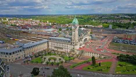 Limoges-Benedictins-station,-France.-Aerial-drone-circling