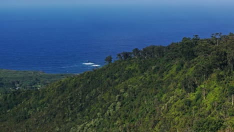 Green-mountain-landscape-and-open-blue-ocean-on-Maui,-Hawaii,-wide-aerial-pan