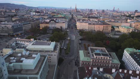 Aerial-Drone-Reveals-City-streets,-Vienna-Austria-European-Capital,-wide-skyline