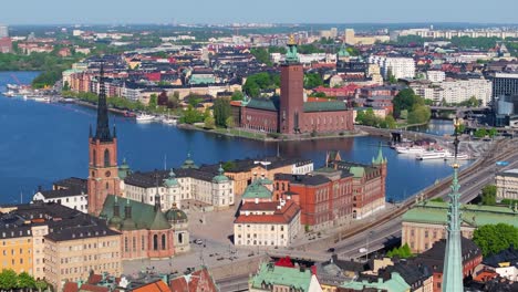 Aerial-Pullback-Reveals-Old-Town-Stockholm,-Sweden