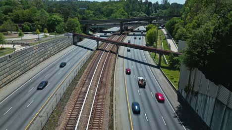 Traffic-Over-Interstate-Highways-And-Railways-In-The-City-Of-Georgia,-Atlanta,-USA