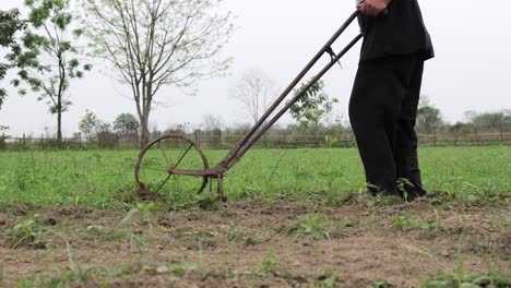 Farmer-cleaning-chilli-grass-with-hand-machine