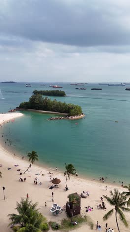 Luftaufnahme-Der-Insel-Sentosa,-Singapur---Tropischer-Strand-Und-Palmen,-Vertikal